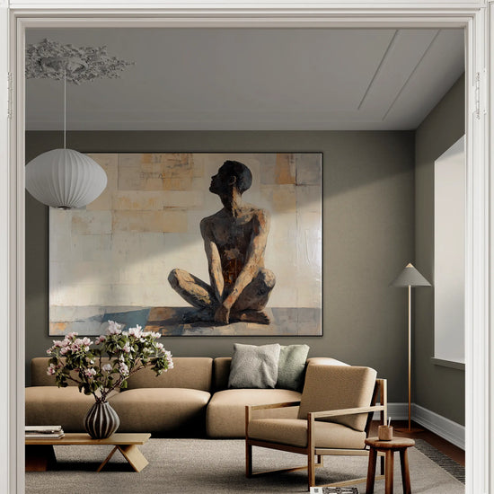 Male Collection | Shadows of the Mind | Thoughtful Figurative Art in Earthy Tones by Roderick Sebastiaan | BeautifulAbstractedPaintinginClassicLivingRoomWithALargeSofa_758ba352-e14a-433f-b14f-1d485457db57