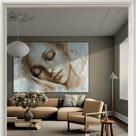 Feminine Collection | Tranquil Slumber | Serene Portrait in Soft Neutrals and Warm Hues by Roderick Sebastiaan | BeautifulAbstractedPaintinginClassicLivingRoomWithALargeSofa_fdf96204-0bab-447d-a2ad-8cf66d40d4fd