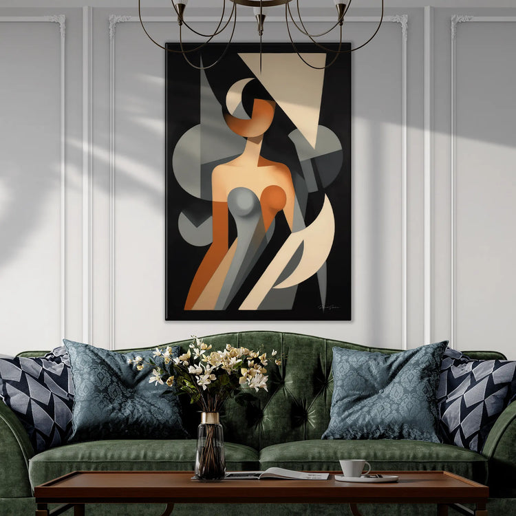 Abstract Collection | Claire de Lune | Moonlight Silhouette Abstract on Art Cloth in Modern Frame by Roderick Sebastiaan | BeautifulAbstractedPaintinginClassicLivingRoomWithFancySofa