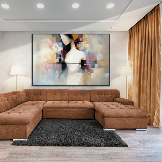 Surrealism Collection | Unspoken Dialogues | Abstract Cubist Female Silhouette with Soft Contrasts by Roderick Sebastiaan | BeautifulAbstractedPaintinginComfyLivingRoomWithLargeSofa