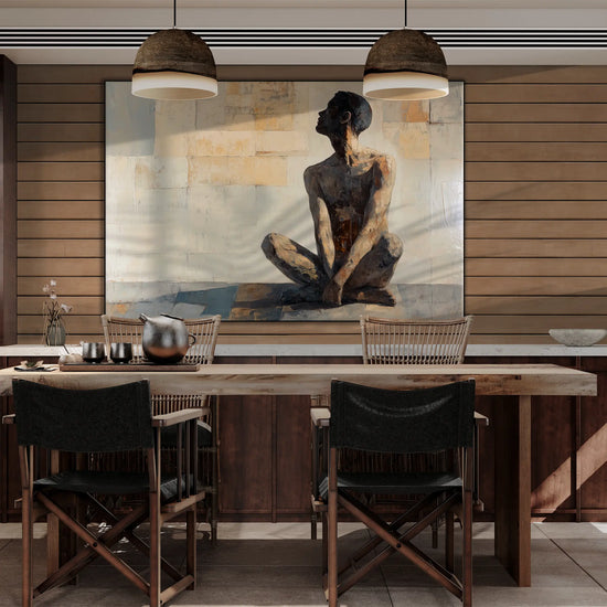 Male Collection | Shadows of the Mind | Thoughtful Figurative Art in Earthy Tones by Roderick Sebastiaan | BeautifulAbstractedPaintinginDiningAreaWithSolidWoodTable_4459f931-3f93-4151-857a-368ab0550fbb