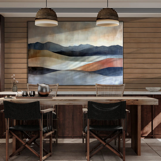 Abstract Collection | Shifting Sands | Serene Landscape in Muted Earth Tones and Blue Hues by Roderick Sebastiaan | BeautifulAbstractedPaintinginDiningAreaWithSolidWoodTable_4a3372cf-022f-40b3-a490-7e4a3cf0c809