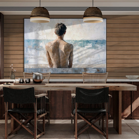 Male Collection | Back to the Sea – Minimalist Figurative Ocean-Inspired Canvas Art by Roderick Sebastiaan | BeautifulAbstractedPaintinginDiningAreaWithSolidWoodTable_6703df82-2cff-4b6a-a8a4-f28687d83b3a