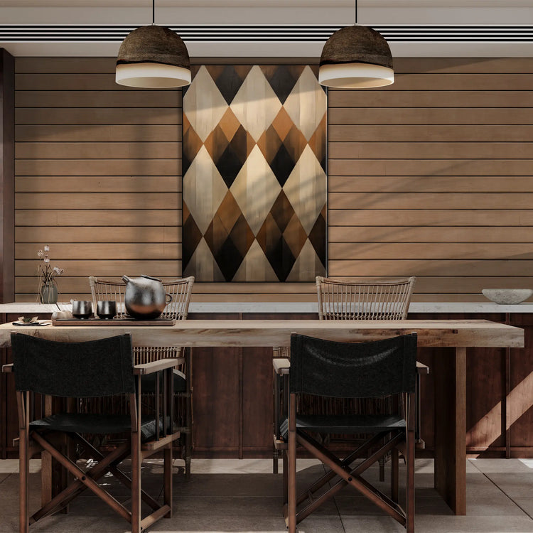 Geometry Collection | Espresso Diamond | Harmonic Pattern of Restful Earthen Tones by Roderick Sebastiaan | BeautifulAbstractedPaintinginDiningAreaWithSolidWoodTable_8f4d3248-8cca-414b-aac2-63c845ac8b87