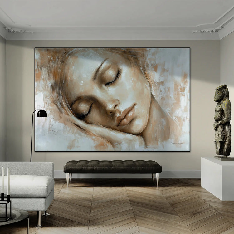 Feminine Collection | Tranquil Slumber | Serene Portrait in Soft Neutrals and Warm Hues by Roderick Sebastiaan | BeautifulAbstractedPaintinginElegantLivingRoomWithUniqueSculpture_2d7c10d7-e2fa-4552-ad4f-7697a8f26922