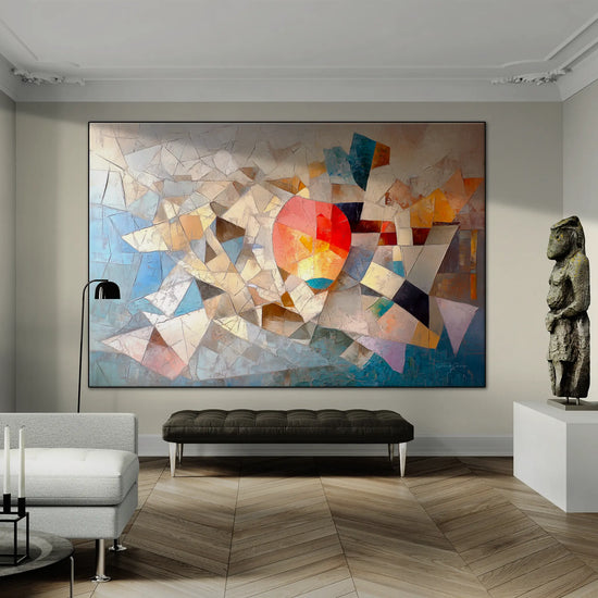 Geometry Collection | Unseen Connections | Geometric Abstract Art with Vibrant Colour Play by Roderick Sebastiaan | BeautifulAbstractedPaintinginElegantLivingRoomWithUniqueSculpture_46d6521e-4f26-4d3f-a110-ae174d1b5dbb