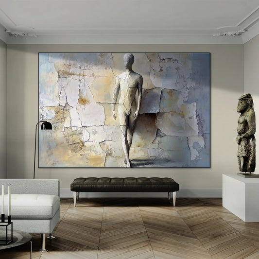 Male Collection | Breaking Through – Textured Look Abstract Wall Art with Stone-Like Background by Roderick Sebastiaan | BeautifulAbstractedPaintinginElegantLivingRoomWithUniqueSculpture