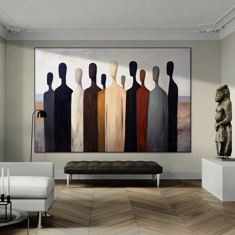 Male Collection | Gathering Shadows | Minimalist Silhouette Figures in Neutral Tones by Roderick Sebastiaan | BeautifulAbstractedPaintinginElegantLivingRoomWithUniqueSculpture_69b474f9-6d7e-4fa9-a061-883db312e062