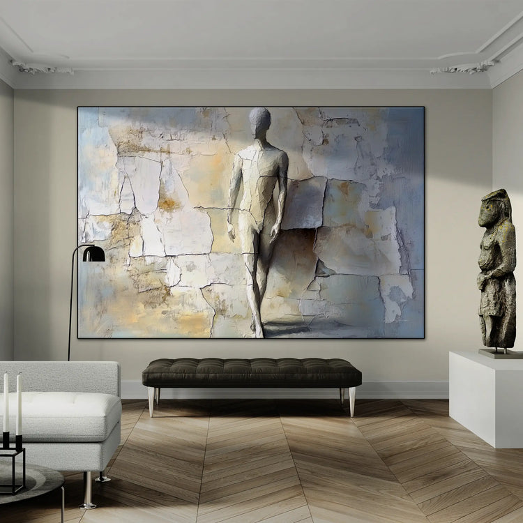 Male Collection | Breaking Through – Textured Look Abstract Wall Art with Stone-Like Background by Roderick Sebastiaan | BeautifulAbstractedPaintinginElegantLivingRoomWithUniqueSculpture