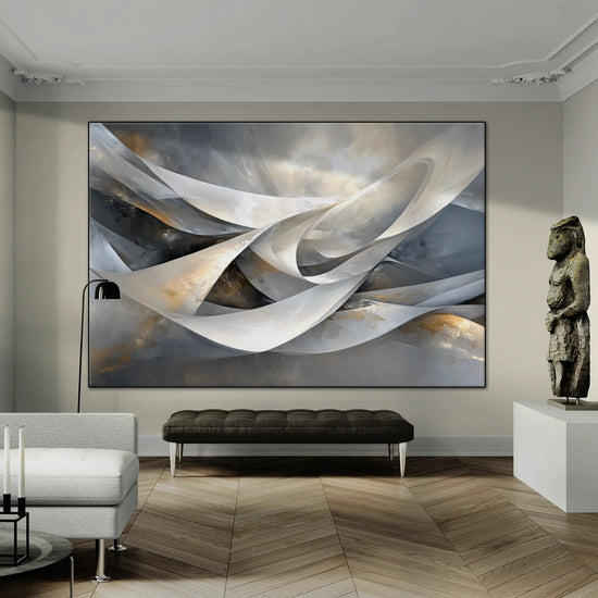 Abstract Collection | Shimmering Tide | Abstract Minimalist Flow with Metallic Accents by Roderick Sebastiaan | BeautifulAbstractedPaintinginElegantLivingRoomWithUniqueSculpture_82222981-691b-4172-a479-fad5945c4028