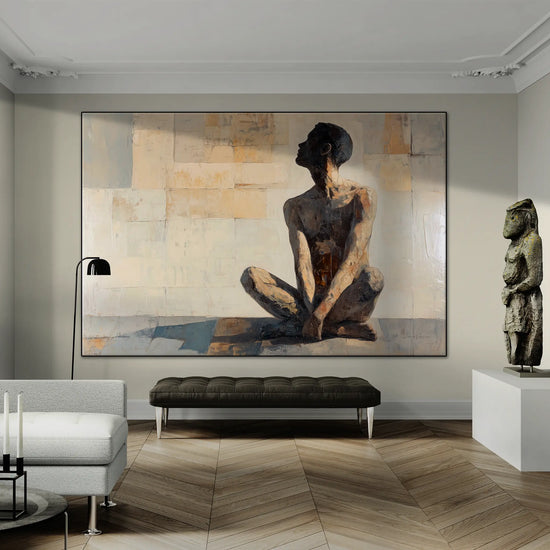 Male Collection | Shadows of the Mind | Thoughtful Figurative Art in Earthy Tones by Roderick Sebastiaan | BeautifulAbstractedPaintinginElegantLivingRoomWithUniqueSculpture_891fa89e-5f77-4b82-92db-c2bf152fc2fc