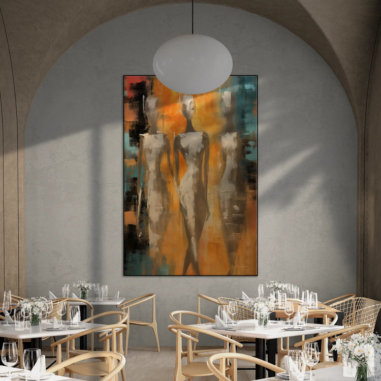 Feminine Collection | Ethereal Elegance | Refined Abstract Trio in Warm Glow on Art cloth by Roderick Sebastiaan | BeautifulAbstractedPaintinginFancyRestaurantWithVaultedCeiling_44fa37db-4c59-4969-84cd-b2ed6ba69c68