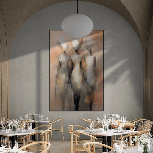 Feminine Collection | Fade to Unity | Contemporary Figures Blending into Unity Art Print by Roderick Sebastiaan | BeautifulAbstractedPaintinginFancyRestaurantWithVaultedCeiling_47cb5aaf-60fa-4dc9-92ae-0cf1b93e63f6