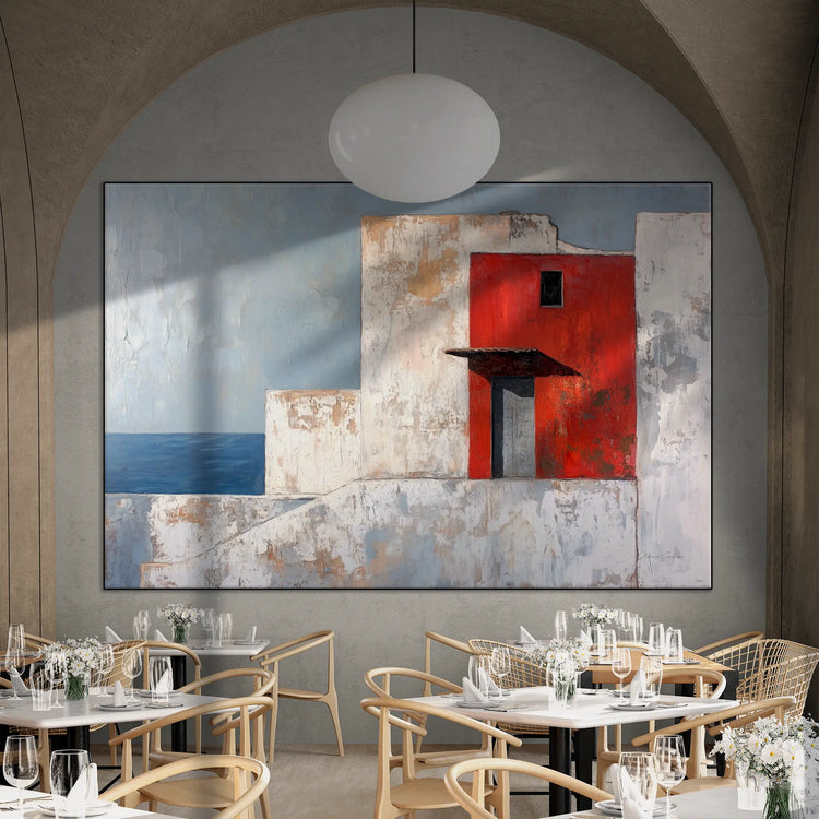 Minimalism Collection | The Red Wall | Mediterranean-Inspired Minimalist Architecture Art by Roderick Sebastiaan | BeautifulAbstractedPaintinginFancyRestaurantWithVaultedCeiling