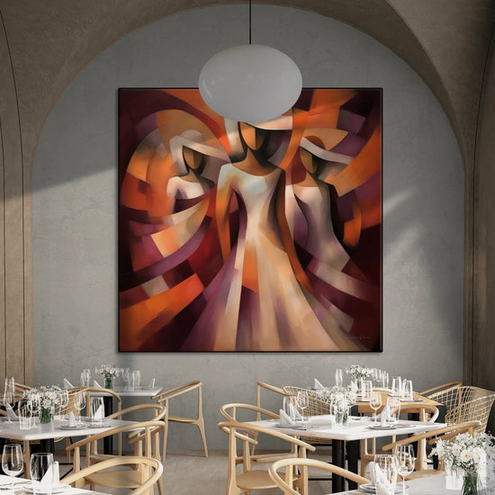 Feminine Collection | Crimson Rhapsody | Elegant Dance of Colour and Shape Art Print by Roderick Sebastiaan | BeautifulAbstractedPaintinginFancyRestaurantWithVaultedCeiling_a00541bf-5c80-4fa0-bb78-8f9f0dcd539e