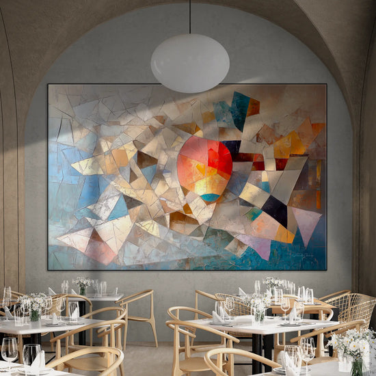 Geometry Collection | Unseen Connections | Geometric Abstract Art with Vibrant Colour Play by Roderick Sebastiaan | BeautifulAbstractedPaintinginFancyRestaurantWithVaultedCeiling_dc3dc2db-b7f9-4e9e-9260-c7bd4174a77b