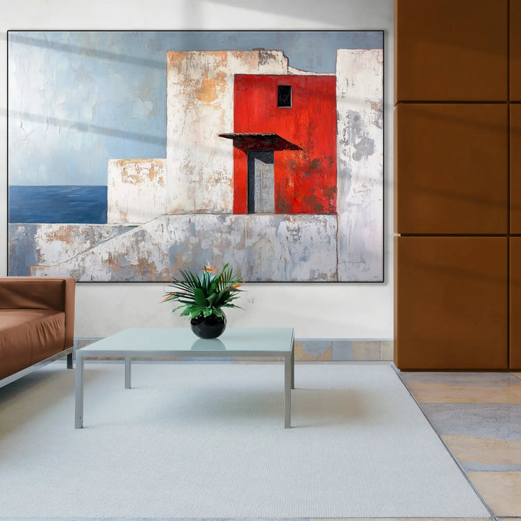 Minimalism Collection | The Red Wall | Mediterranean-Inspired Minimalist Architecture Art by Roderick Sebastiaan | BeautifulAbstractedPaintinginHotelLobbyWithCeramicFeatureWall