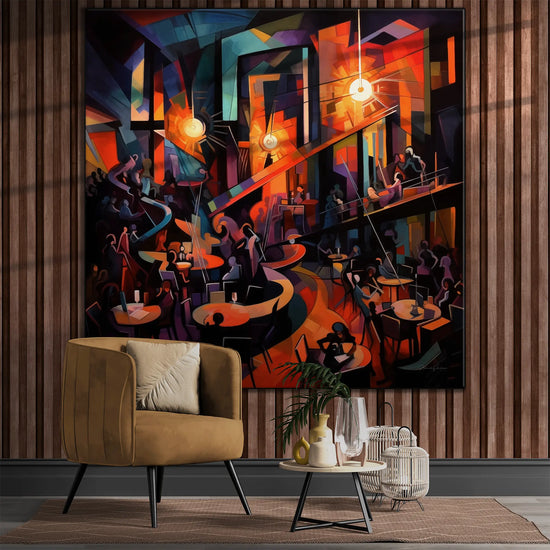 Music Collection | 20's Jazz No.1 | Vibrant Art Deco Jazz Club Print on Art Cloth by Roderick Sebastiaan | BeautifulAbstractedPaintinginInteriorWithArmchairAndCandleLanterns_4eb68f91-7fa9-4389-9e29-79dfc219f9fd