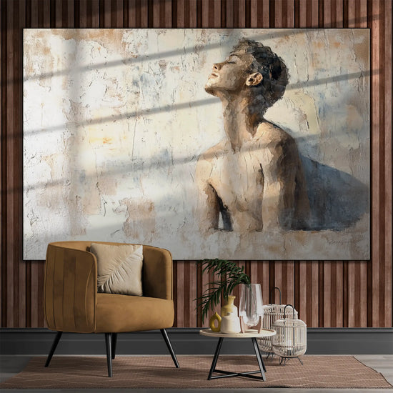 Male Collection | Subtle Liberation | Minimalist Textured Look Portrait of Introspection by Roderick Sebastiaan | BeautifulAbstractedPaintinginInteriorWithArmchairAndCandleLanterns