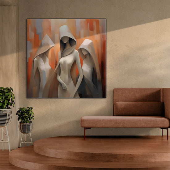 Feminine Collection | Cloaked in Mystery | Warm Toned Ambient Abstract of Mysterious Cloaked Figures by Roderick Sebastiaan | BeautifulAbstractedPaintinginInteriorWithModernSofaOnPlatformFlooring_461d51b0-3780-48db-bec2-9cf3c4e06cde