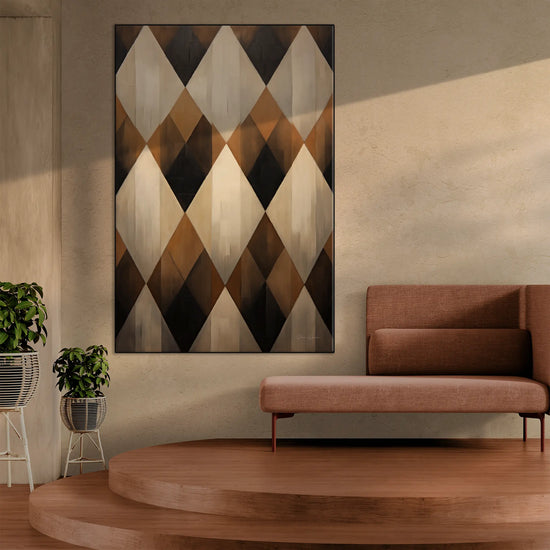 Geometry Collection | Espresso Diamond | Harmonic Pattern of Restful Earthen Tones by Roderick Sebastiaan | BeautifulAbstractedPaintinginInteriorWithModernSofaOnPlatformFlooring_46e10d97-419f-4790-83ae-51ae726e269b