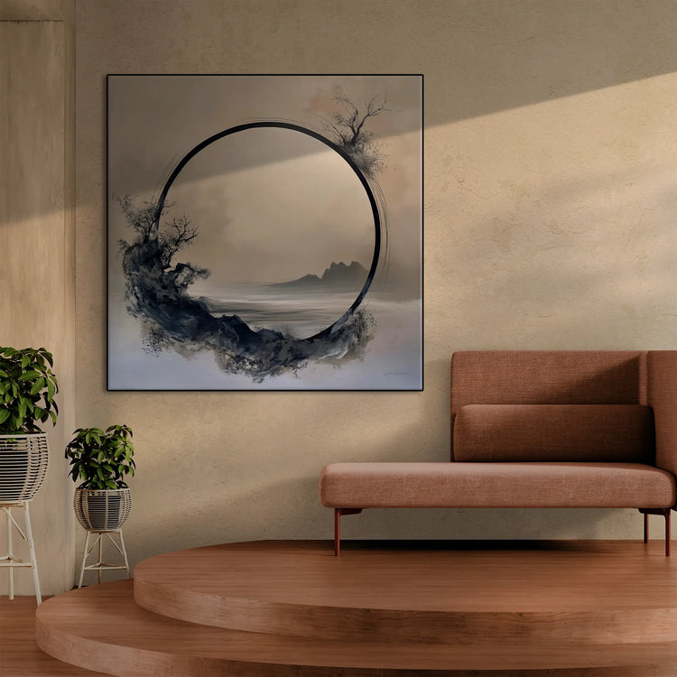 Monochrome Oasis | Tranquil Minimalist Zen Circle in Grayscale Art Print