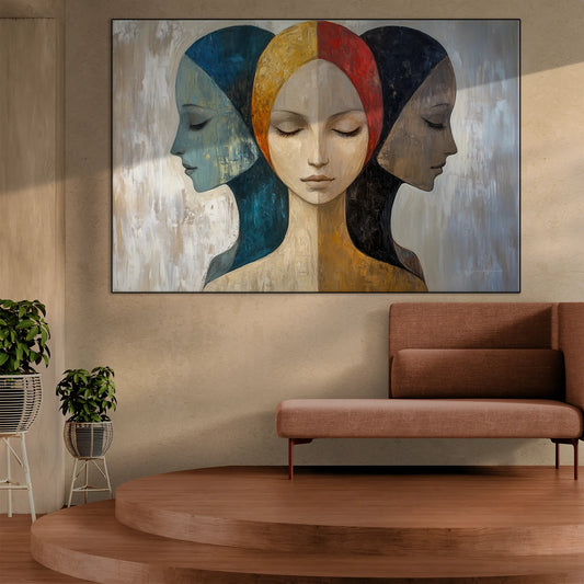 Feminine Collection | Silent Reflections | Symbolic Abstract Trio with Earthy and Vibrant Hues by Roderick Sebastiaan | BeautifulAbstractedPaintinginInteriorWithModernSofaOnPlatformFlooring_5c8c54f1-b8a8-45ac-b8ec-3d931cdf25ef