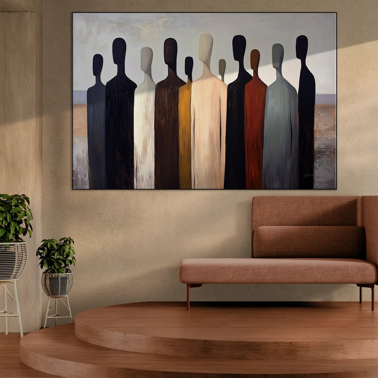 Male Collection | Gathering Shadows | Minimalist Silhouette Figures in Neutral Tones by Roderick Sebastiaan | BeautifulAbstractedPaintinginInteriorWithModernSofaOnPlatformFlooring