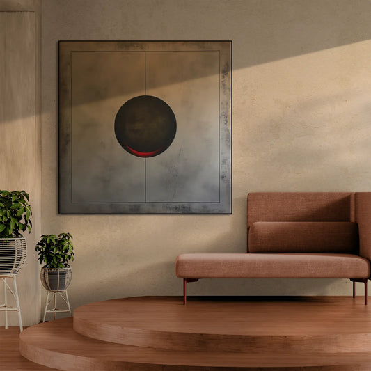 Minimalism Collection | Eclipse of Solitude | Minimalist Sphere in Monochrome Shades by Roderick Sebastiaan | BeautifulAbstractedPaintinginInteriorWithModernSofaOnPlatformFlooring_9a1e8965-d923-4bb5-b492-e215999eaa90