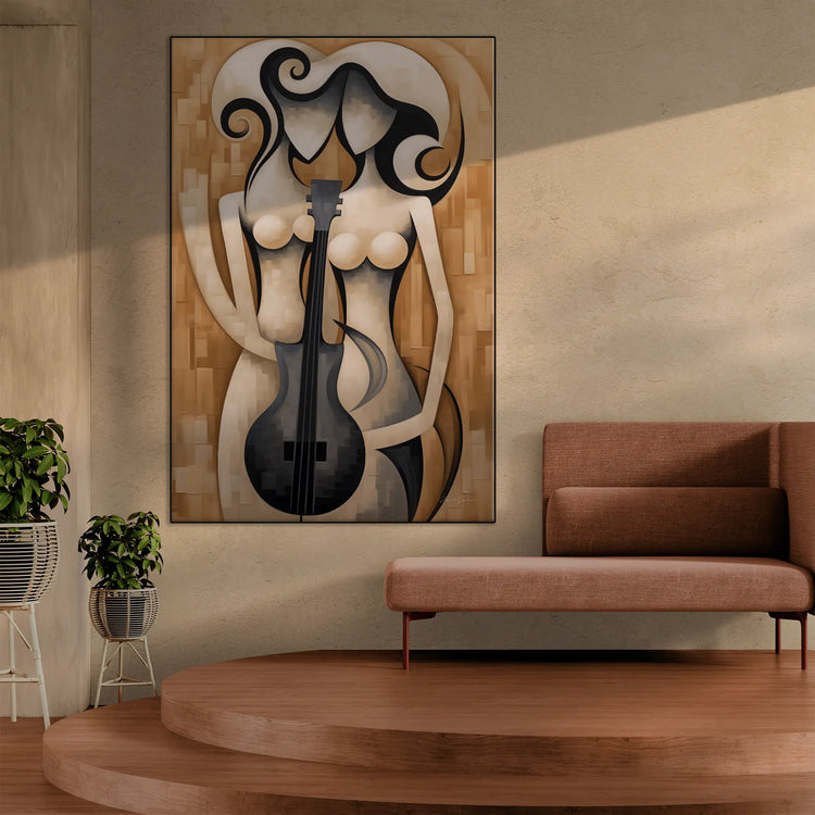 Melodic Contours | Abstract Cubist Cello Figure on Modern Art Cloth