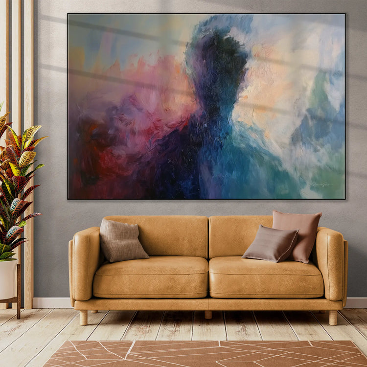 Abstract Collection | Fading Memories | Abstract Silhouette with Vibrant Blues and Pinks by Roderick Sebastiaan | BeautifulAbstractedPaintinginLargeBrightLivingRoom_120c6b70-3170-4e77-9446-a378894307dc