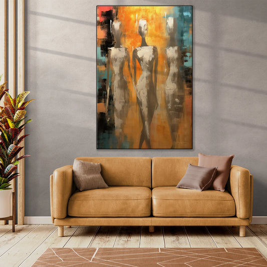 Feminine Collection | Ethereal Elegance | Refined Abstract Trio in Warm Glow on Art cloth by Roderick Sebastiaan | BeautifulAbstractedPaintinginLargeBrightLivingRoom_3c29882a-3e27-4636-a14c-f2c65214e352