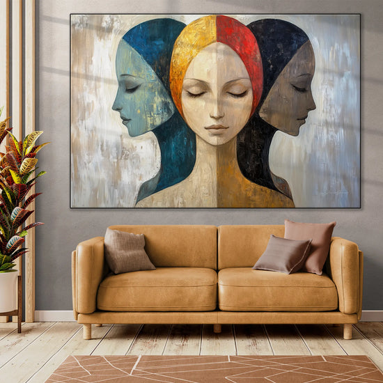 Feminine Collection | Silent Reflections | Symbolic Abstract Trio with Earthy and Vibrant Hues by Roderick Sebastiaan | BeautifulAbstractedPaintinginLargeBrightLivingRoom_6cabd0f0-7f9b-4469-873f-7d7c9bfd0ada