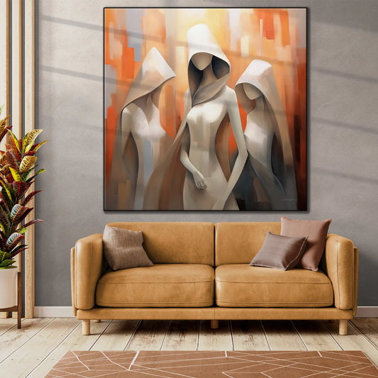 Feminine Collection | Cloaked in Mystery | Warm Toned Ambient Abstract of Mysterious Cloaked Figures by Roderick Sebastiaan | BeautifulAbstractedPaintinginLargeBrightLivingRoom_f1245406-5a12-427b-bd1f-ca7de127a0d9