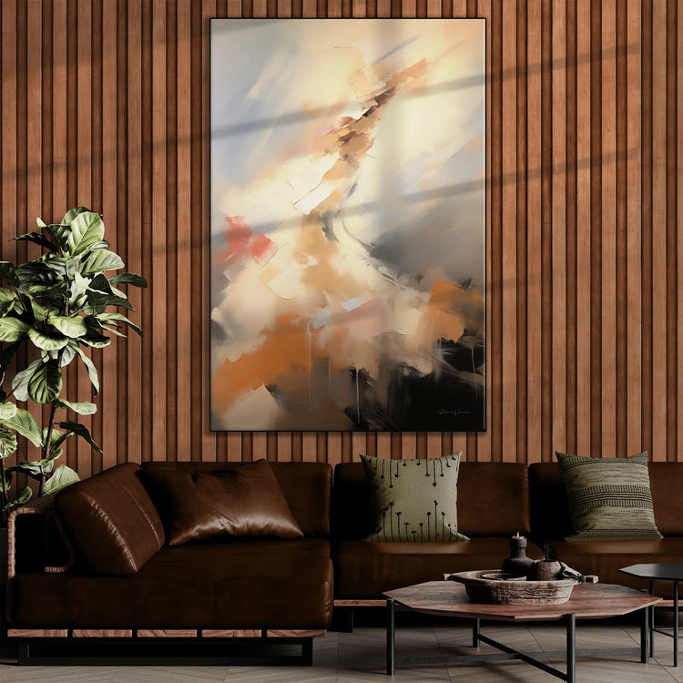 Abstract Collection | Ascension | Dynamic Abstract Movement of the Soul in Warm Tones by Roderick Sebastiaan | BeautifulAbstractedPaintinginLargeLeatherCornerSofaInLoungeWoodPanelWall