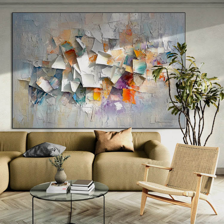 Abstract Collection | Fragments of Hope | Textured Look Abstract with Light Tones and Colourful Accents by Roderick Sebastiaan | BeautifulAbstractedPaintinginLivingRoomWithATallTropicalPlant_31d3628f-cc69-4b6b-8bb6-50ac7cbe844a