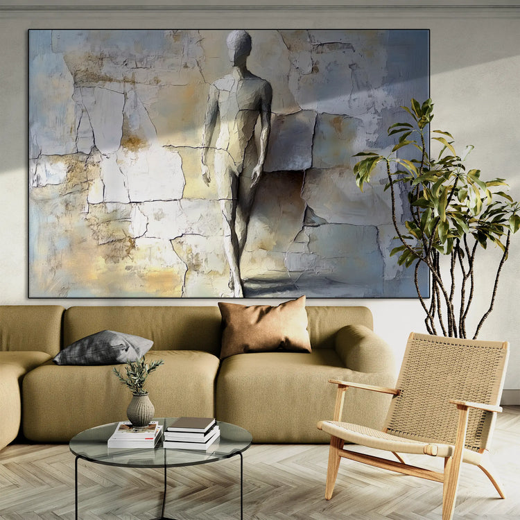 Male Collection | Breaking Through – Textured Look Abstract Wall Art with Stone-Like Background by Roderick Sebastiaan | BeautifulAbstractedPaintinginLivingRoomWithATallTropicalPlant