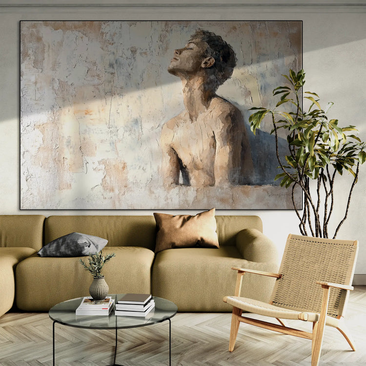 Male Collection | Subtle Liberation | Minimalist Textured Look Portrait of Introspection by Roderick Sebastiaan | BeautifulAbstractedPaintinginLivingRoomWithATallTropicalPlant_c2ec0346-4282-42fe-97af-0e571c9d81e6