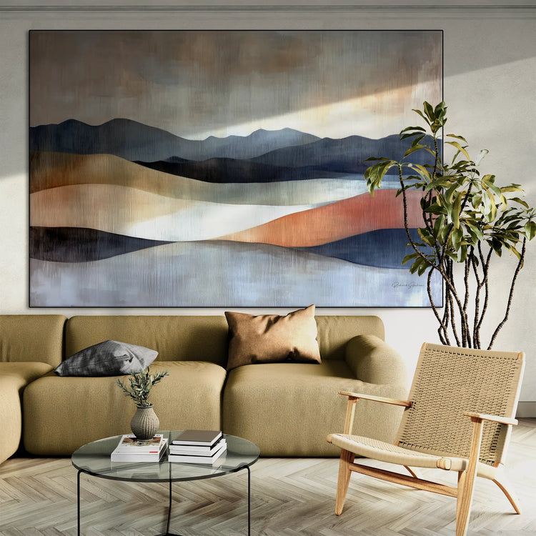 Abstract Collection | Shifting Sands | Serene Landscape in Muted Earth Tones and Blue Hues by Roderick Sebastiaan | BeautifulAbstractedPaintinginLivingRoomWithATallTropicalPlant_d3d6e5e6-e248-4da8-9340-84abe34cb20d