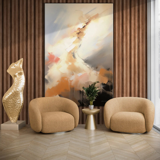 Abstract Collection | Ascension | Dynamic Abstract Movement of the Soul in Warm Tones by Roderick Sebastiaan | BeautifulAbstractedPaintinginLivingRoomWithArmchairsAndSculpture_026df426-26a5-476a-ae16-8e69a7d4065d