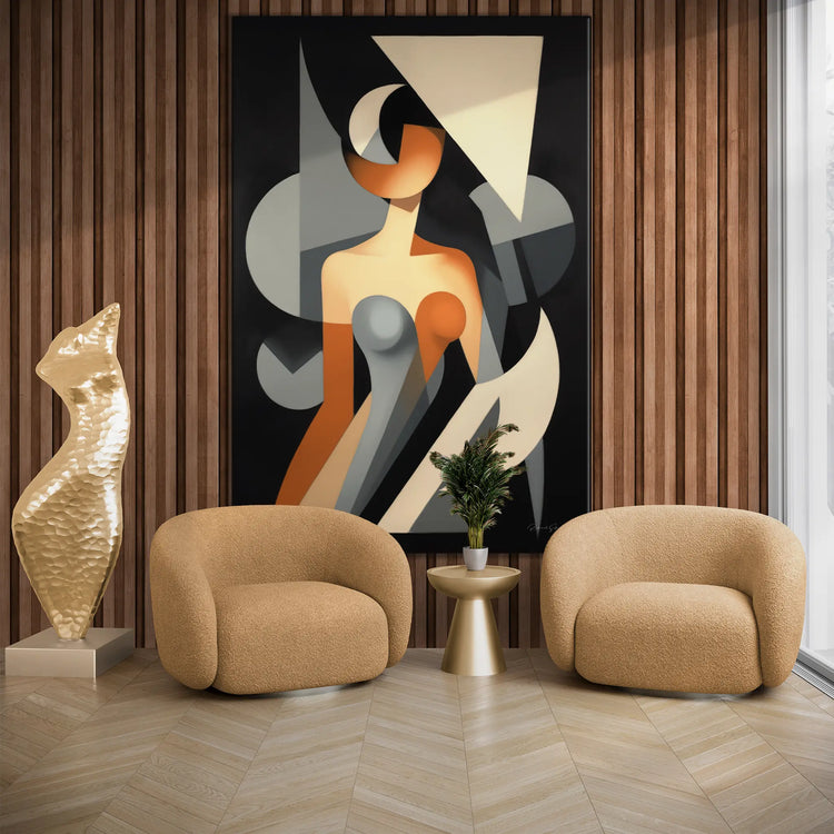 Abstract Collection | Claire de Lune | Moonlight Silhouette Abstract on Art Cloth in Modern Frame by Roderick Sebastiaan | BeautifulAbstractedPaintinginLivingRoomWithArmchairsAndSculpture_37bd773c-cb60-400f-a4d2-43734c49e9b5