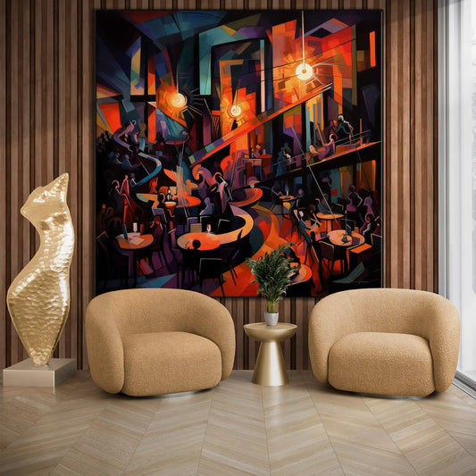 Music Collection | 20's Jazz No.1 | Vibrant Art Deco Jazz Club Print on Art Cloth by Roderick Sebastiaan | BeautifulAbstractedPaintinginLivingRoomWithArmchairsAndSculpture