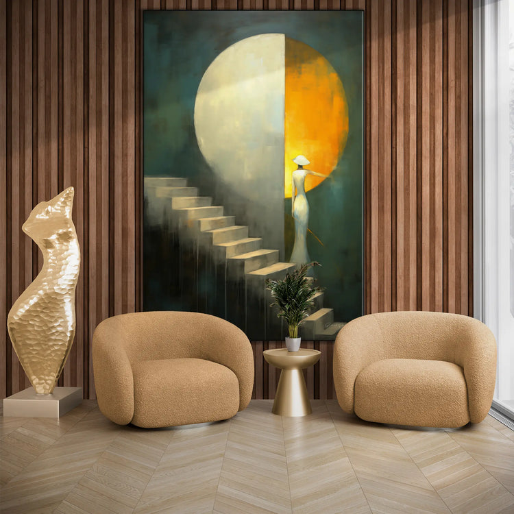 Abstract Collection | Celestial Passage | Journey through Celestial Spheres & Duality by Roderick Sebastiaan | BeautifulAbstractedPaintinginLivingRoomWithArmchairsAndSculpture_6dc791bf-6ed6-4c8f-9505-b7beae765831