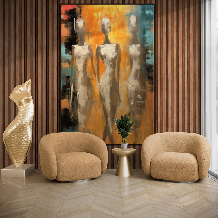 Feminine Collection | Ethereal Elegance | Refined Abstract Trio in Warm Glow on Art cloth by Roderick Sebastiaan | BeautifulAbstractedPaintinginLivingRoomWithArmchairsAndSculpture_8c2902f7-a9cd-4f1f-b58c-e8cecc76bbe0