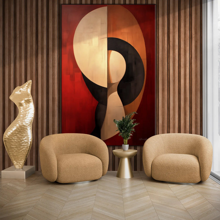 Abstract Collection | Crimson Dance | Fiery Red Abstract Dance on Modern Art Frame by Roderick Sebastiaan | BeautifulAbstractedPaintinginLivingRoomWithArmchairsAndSculpture_98567d7c-d7e0-44a8-a25c-f726f3fed994