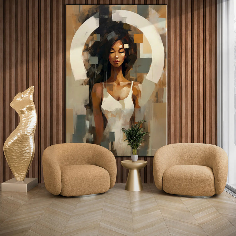 Feminine Collection | Fragmented Serenity | Abstract Realistic Female Portrait on Art Cloth by Roderick Sebastiaan | BeautifulAbstractedPaintinginLivingRoomWithArmchairsAndSculpture_e42fc0f5-badd-416e-81b3-d5605bbea48b