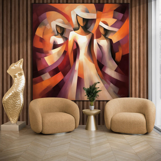 Feminine Collection | Crimson Rhapsody | Elegant Dance of Colour and Shape Art Print by Roderick Sebastiaan | BeautifulAbstractedPaintinginLivingRoomWithArmchairsAndSculpture_ff892391-99e1-4677-90c4-e63f69942deb