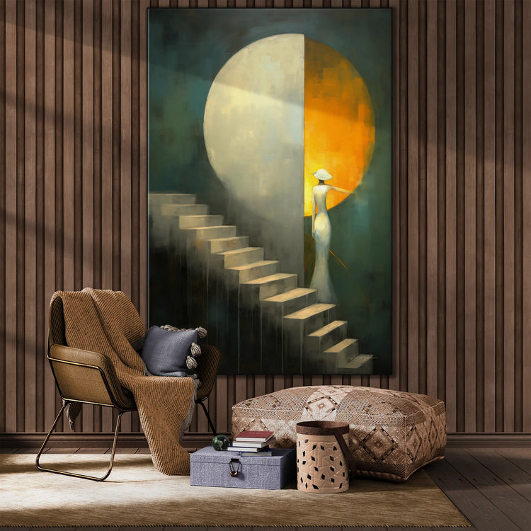 Abstract Collection | Celestial Passage | Journey through Celestial Spheres & Duality by Roderick Sebastiaan | BeautifulAbstractedPaintinginLivingRoomWithChairAndLargePouf_4c511c61-5f4e-473c-a616-71f941223b89