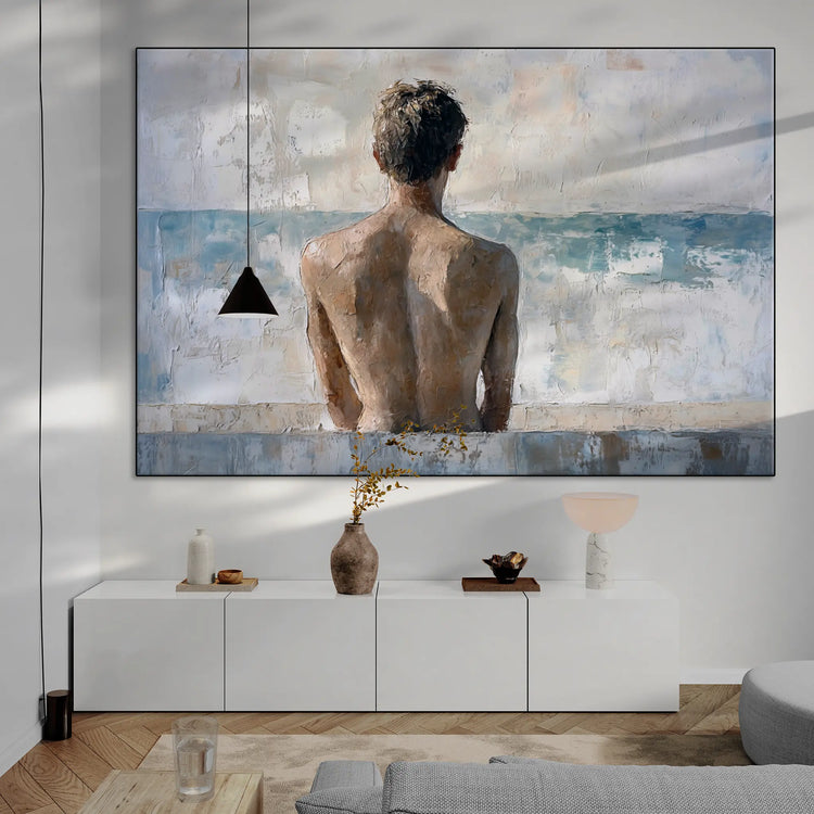 Male Collection | Back to the Sea – Minimalist Figurative Ocean-Inspired Canvas Art by Roderick Sebastiaan | BeautifulAbstractedPaintinginLivingRoomWithLongCabinetAndHangingLight_0c803810-fd8b-48dc-822f-420a08735cf5