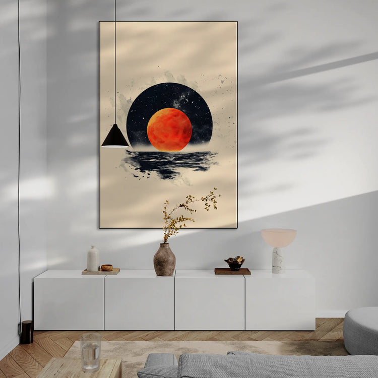 Minimalism Collection | Blood Moon Tide | Mystical Red Moon Seascape Art Print by Roderick Sebastiaan | BeautifulAbstractedPaintinginLivingRoomWithLongCabinetAndHangingLight_218ef1f7-7fb9-46fe-a206-efb11254ff4a